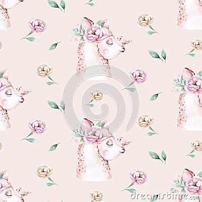 Watercolor painting seamless pattern with white cute llama animal. Llamas cartoon america. Boho cactus textile design Stock Photo