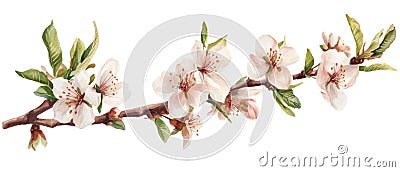 Watercolor painting showcasing blooming cherry blossoms on a branch Cartoon Illustration