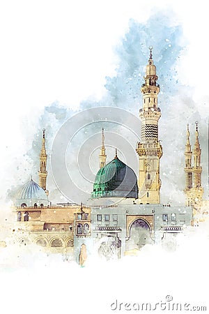 watercolor painting sketch of a green mosque with a green dome, prophet mosque in medina, saudi arabia Stock Photo