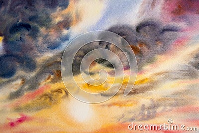 Watercolor painting sky colorful of rain clouds in air. Cartoon Illustration