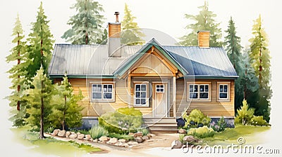 Watercolor Cottage Illustration In Vancouver School Style Stock Photo