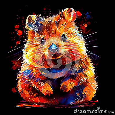 watercolor painting of a smiling friendly adorable quokka, a dark backdrop, vibrant splashes Stock Photo