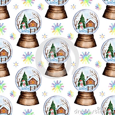 Watercolor painting snow globe with a house, a forest and a snowman inside. Vector Illustration