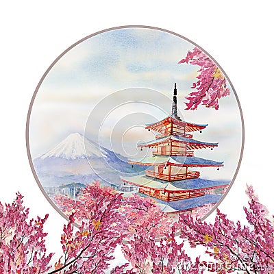 Watercolor painting spring with landmarks in Japan Stock Photo