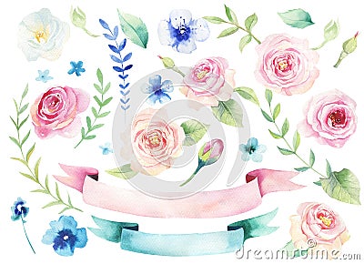 Watercolor Painting st of flowers with leaves wallpaper. Hand dr Cartoon Illustration