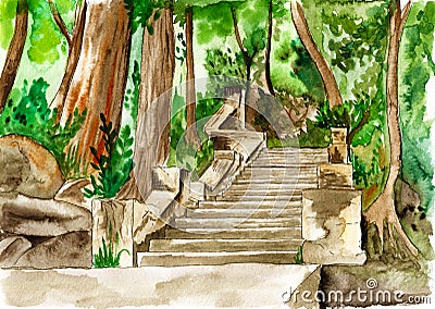 Watercolor painting. Stone staircase in the Park. Stock Photo