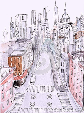Watercolor painting of street view of New York, modern Artwork, American city, illustration New York. Cartoon Illustration