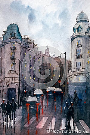 Watercolor Painting - Street View of Paris Stock Photo