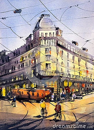 Watercolor Painting - Street View of Paris Stock Photo