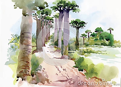 Watercolor painting of summer landscape park way with trees vector illustration Vector Illustration