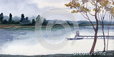 Watercolor painting. Summer river landscape Stock Photo