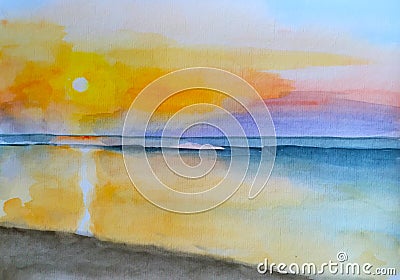 Watercolor painting sunset on the beach hand-painted landscape Stock Photo