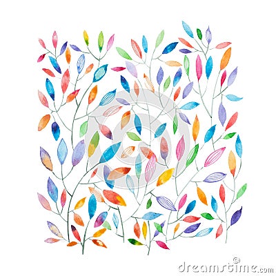 Watercolor painting of thin tree branches with multicolored leaves Stock Photo