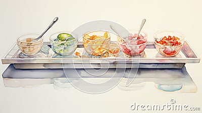 A watercolor painting of a tray with different types of food, AI Stock Photo