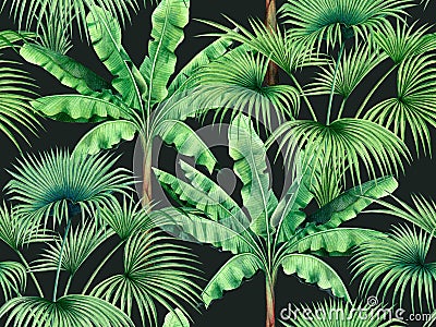 Watercolor painting tree ,banana,palm leaves seamless pattern on dark background.Watercolor hand drawn illustration tropical exoti Cartoon Illustration