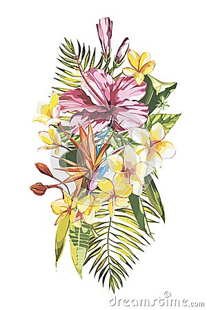 Watercolor painting tropical bouquet with exotic flowers. EPS 10 Vector Illustration