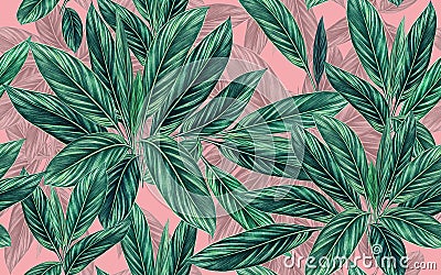 Watercolor painting tropical leave,coconut,palm leaf, seamless pattern on pink color background.Watercolor illustration tropical e Cartoon Illustration