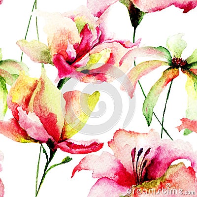 Watercolor painting of Tulips and Daisy flowers Stock Photo