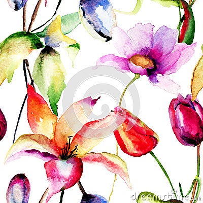 Watercolor painting of Tulips and Lily flowers Stock Photo