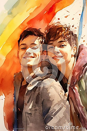 Watercolor painting of Two happy gays with lgbt flags on gay parade Stock Photo