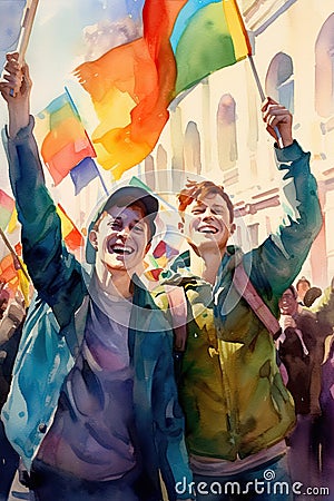 Watercolor painting of Two happy gays with lgbt flags on gay parade Stock Photo