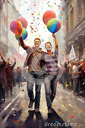 Watercolor painting of Two happy gays with lgbt flags on gay parade Stock Photo