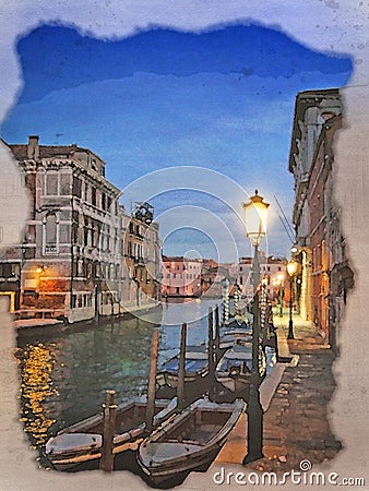 Watercolor painting of a venice street at night canal with illuminated buildings and lamplight reflected in the water Stock Photo