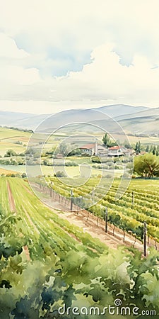 Watercolor Painting Of Vineyard Fields And Rolling Hills Stock Photo