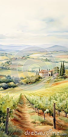 Watercolor Painting Of Vineyards In Tuscany: Spectacular Backdrop Inspired By J.m.w. Turner Cartoon Illustration