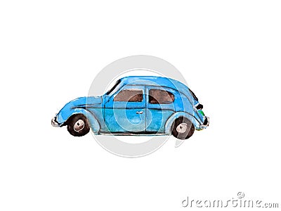 Watercolor vintage blue retro car, isolated on white background Stock Photo