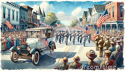 A watercolor painting of a vintage coupe as it takes part in a independence day parade. Concept 4th of July Cartoon Illustration