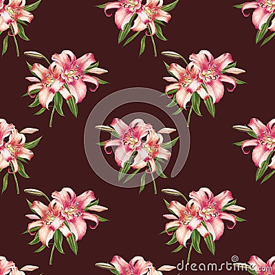 Beautiful white and pink lily seamless pattern. Bouquet of flowers. Floral print. Marker drawing. Cartoon Illustration