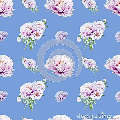 Beautiful white peony seamless pattern. Bouquet of flowers. Floral texture. Marker drawing. Cartoon Illustration