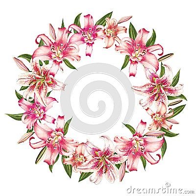 Beautiful white and pink lily wreath. Bouquet of flowers. Floral print. Marker drawing. Cartoon Illustration