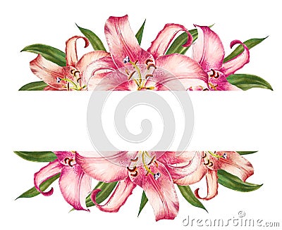 Beautiful pink lily floral text frame. Bouquet of flowers. Floral print. Marker drawing. Cartoon Illustration