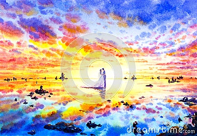 Watercolor Painting - Wedding Couple with Uyuni Reflection Stock Photo