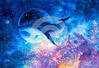 Watercolor Painting - Whale with galaxy sky Stock Photo