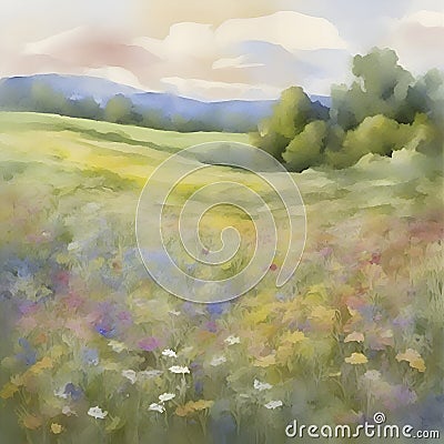 Watercolor painting of a wildflower field. AI-Generated. Cartoon Illustration