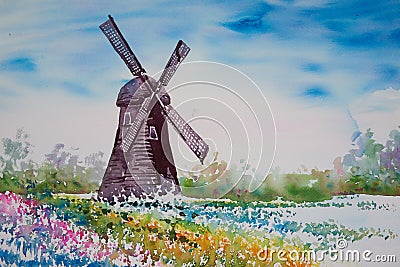 Watercolor painting of a windmill and beautiful flowers Stock Photo