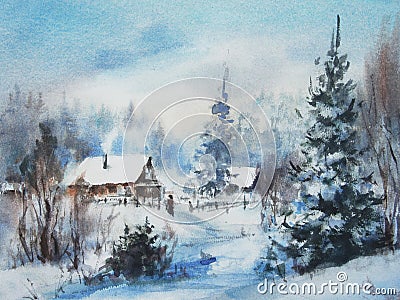 Watercolor painting winter contriside. Landscape painting with snowy forest, pine trees covered by snow, huts and blue Stock Photo