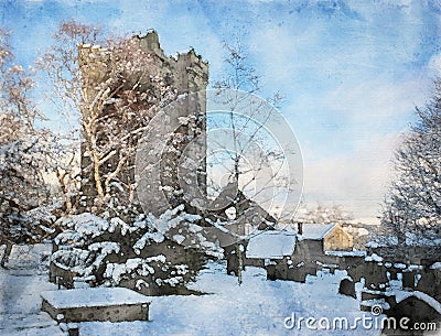 Watercolor painting of a winter scene with a medieval ruined church covered in snow with surrounding graveyard trees and houses Stock Photo