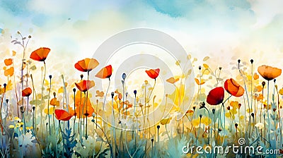 Watercolor paintings of flower bouquets, colorful pastel flowers, beautiful flowers and grass Stock Photo