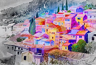 Watercolor paintings landscape of view on hill village. Stock Photo