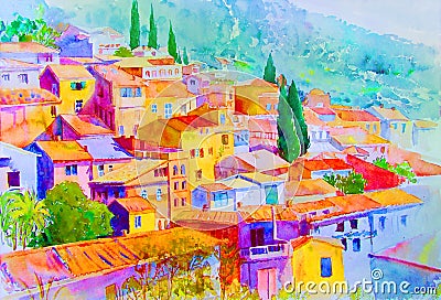 Watercolor paintings landscape of village view on hill mountain. Cartoon Illustration