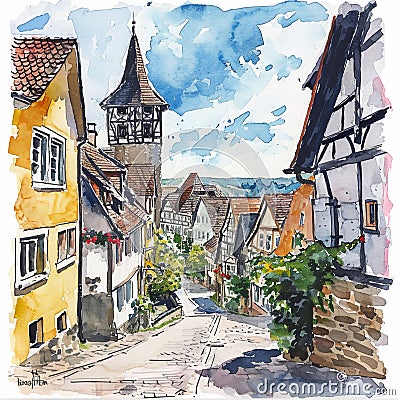 watercolor paintings of the old town, old street, old houses Stock Photo