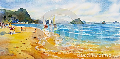 Watercolor paintings. Panorama of seascape boat sail on sea Cartoon Illustration