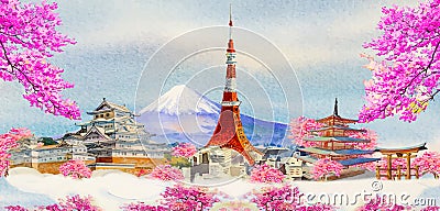 Watercolor paintings popular travel landmark architecture japan Cartoon Illustration