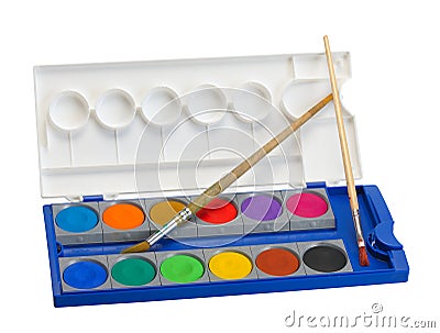 Watercolor paints and brushes Stock Photo