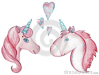 Watercolor pair of cute unicorns isolated on white background. Cartoon Illustration