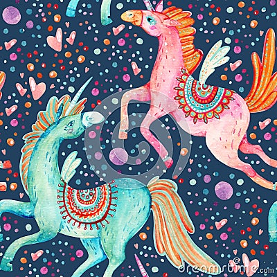 Watercolor pair of flying unicorns seamless pattern on background with bubbles and hearts Cartoon Illustration